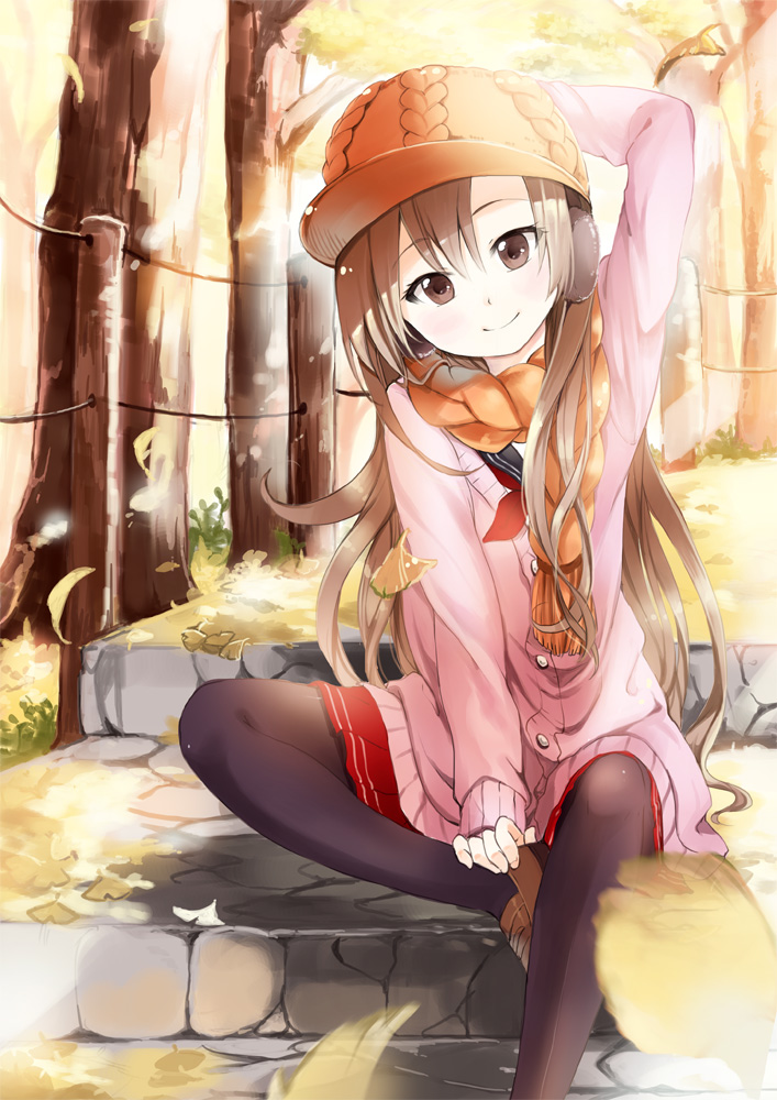 arm_behind_head black_legwear brown_eyes brown_hair cardigan earmuffs ginkgo hand_on_hat hat kaedena_akino leaf loafers long_hair original pantyhose pleated_skirt scarf school_uniform serafuku shoes sitting skirt smile solo stairs sweater tree very_long_hair