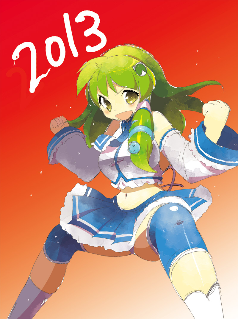 2013 adapted_costume bare_shoulders breasts clenched_hands dei_shirou detached_sleeves frog_hair_ornament green_hair hair_ornament hair_tubes kochiya_sanae long_hair navel open_mouth payot red_background rough skirt smile snake_hair_ornament solo touhou yellow_eyes