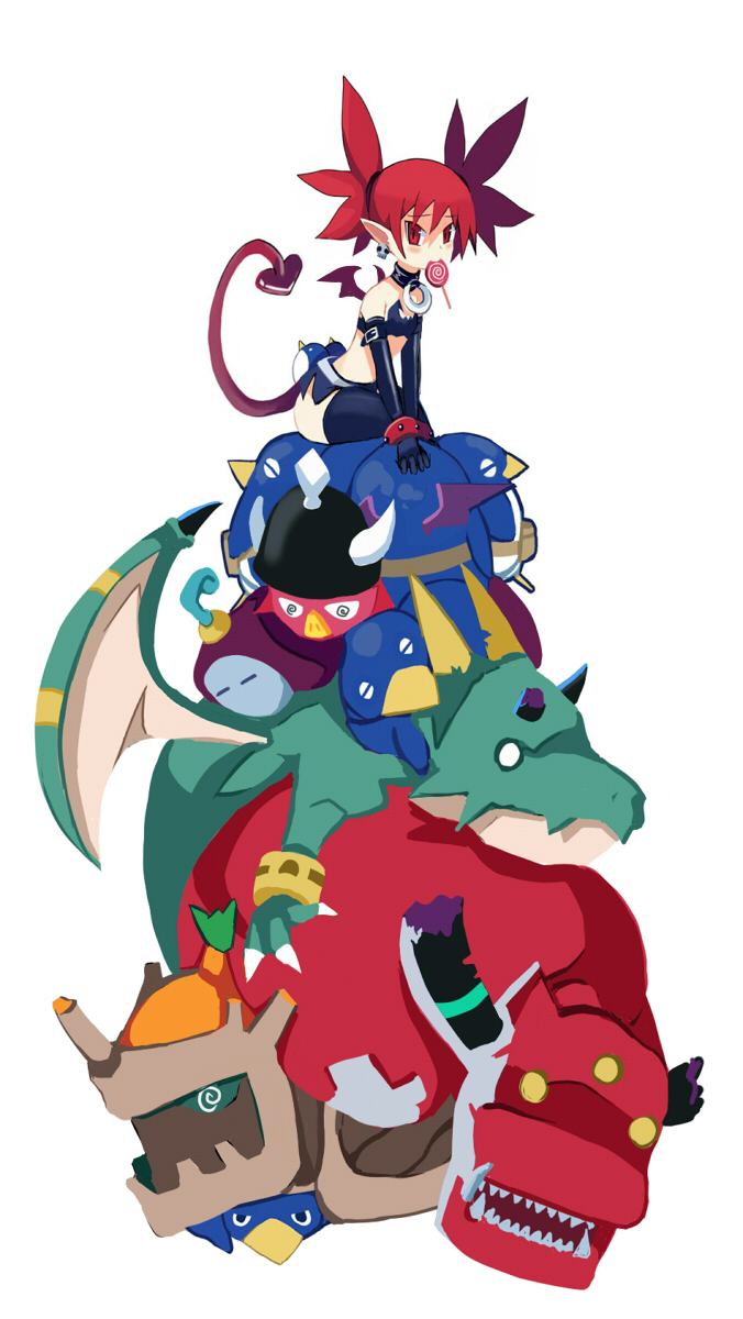 disgaea earrings elbow_gloves etna gloves highres jewelry lollipop mr_mask pointy_ears prinny red_eyes red_hair redhead short_twintails sitting sitting_on_person tail thigh-highs thighhighs twintails wings