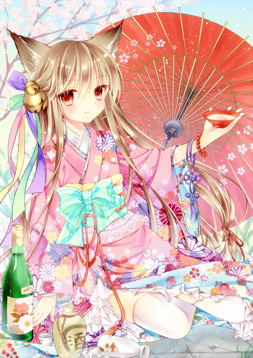 animal_ears bell bottle bracelet brown_eyes brown_hair cherry_blossoms floral_print hair_ornament highres japanese_clothes jewelry kimono long_hair looking_at_viewer obi oriental_umbrella original puu_(kari---ume) sakazuki sake sitting smile solo thigh-highs thighhighs umbrella white_legwear yokozuwari