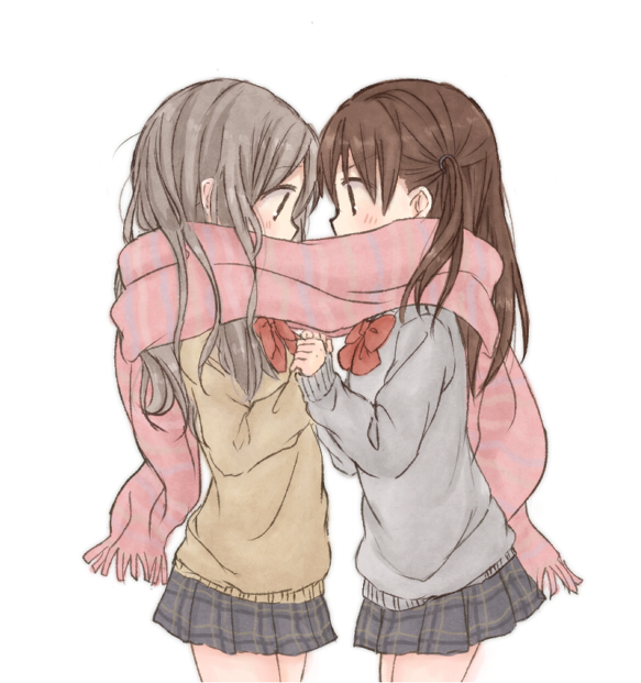 blush brown_eyes brown_hair covered_mouth long_hair looking_at_another multiple_girls original scarf school_uniform shared_scarf silver_hair skirt sweater yuri