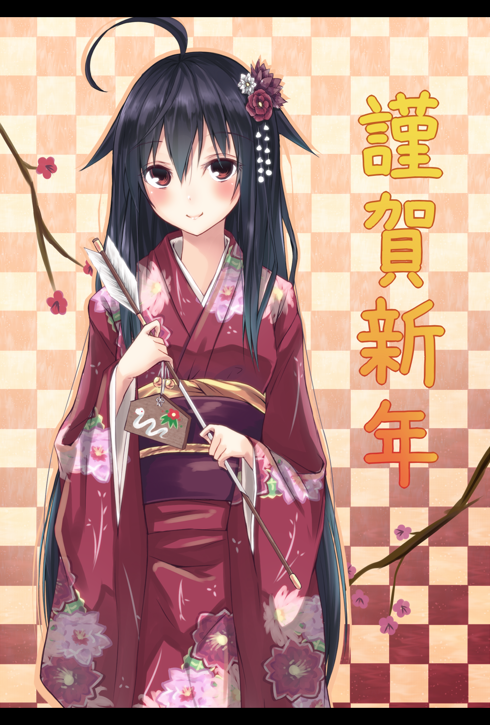 ahoge arrow black_hair blush checkered checkered_background cherry_blossoms ema floral_print flower hair_flower hair_ornament hamaya highres holding japanese_clothes kimono letterboxed looking_at_viewer new_year obi original red_eyes second_heaven smile snake solo translated tsumami_kanzashi