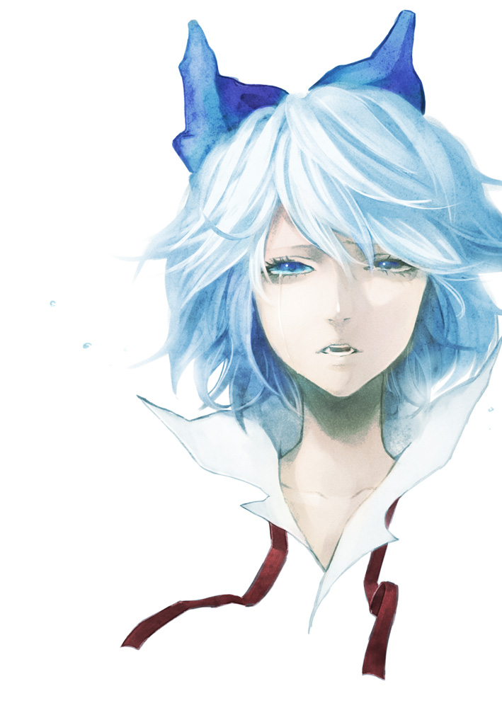 blue_eyes blue_hair bow bust cirno collar collarbone crying face hair_bow looking_at_viewer open_collar open_mouth portrait ribbon short_hair sizu solo touhou