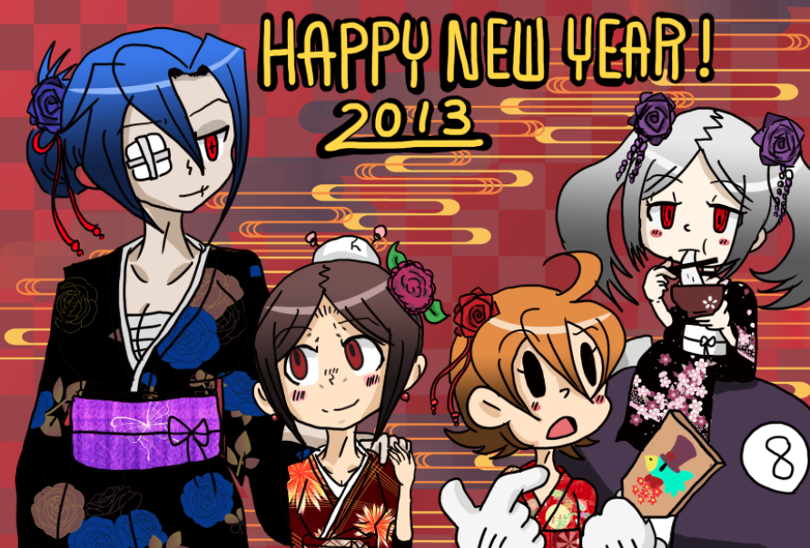 2013 bloody_marie_(skullgirls) japanese_clothes kimono new_year painwheel_(skullgirls) peacock_(skullgirls) skullgirls smack5023 valentine_(skullgirls)