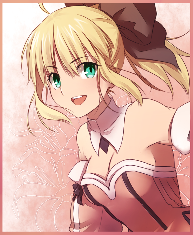 1girl ahoge bare_shoulders blonde_hair bow breasts cleavage detached_collar detached_sleeves fate/stay_night fate/unlimited_codes fate_(series) green_eyes hair_bow long_hair open_mouth payot ponytail saber saber_lily smile solo tusia