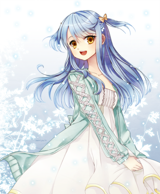 :d blue_hair blush bow collarbone dress hair_bow long_hair looking_at_viewer open_mouth original senri_(nazerine) smile solo two_side_up yellow_eyes