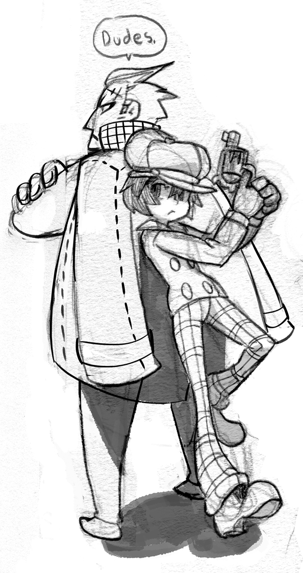 1girl alex_ahad back-to-back cabbie_hat crossed_arms gloves gun hat height_difference jacket_on_shoulders monochrome pants persona persona_4 pistol reverse_trap revolver scar shirogane_naoto short_hair sketch tatsumi_kanji traditional_media weapon