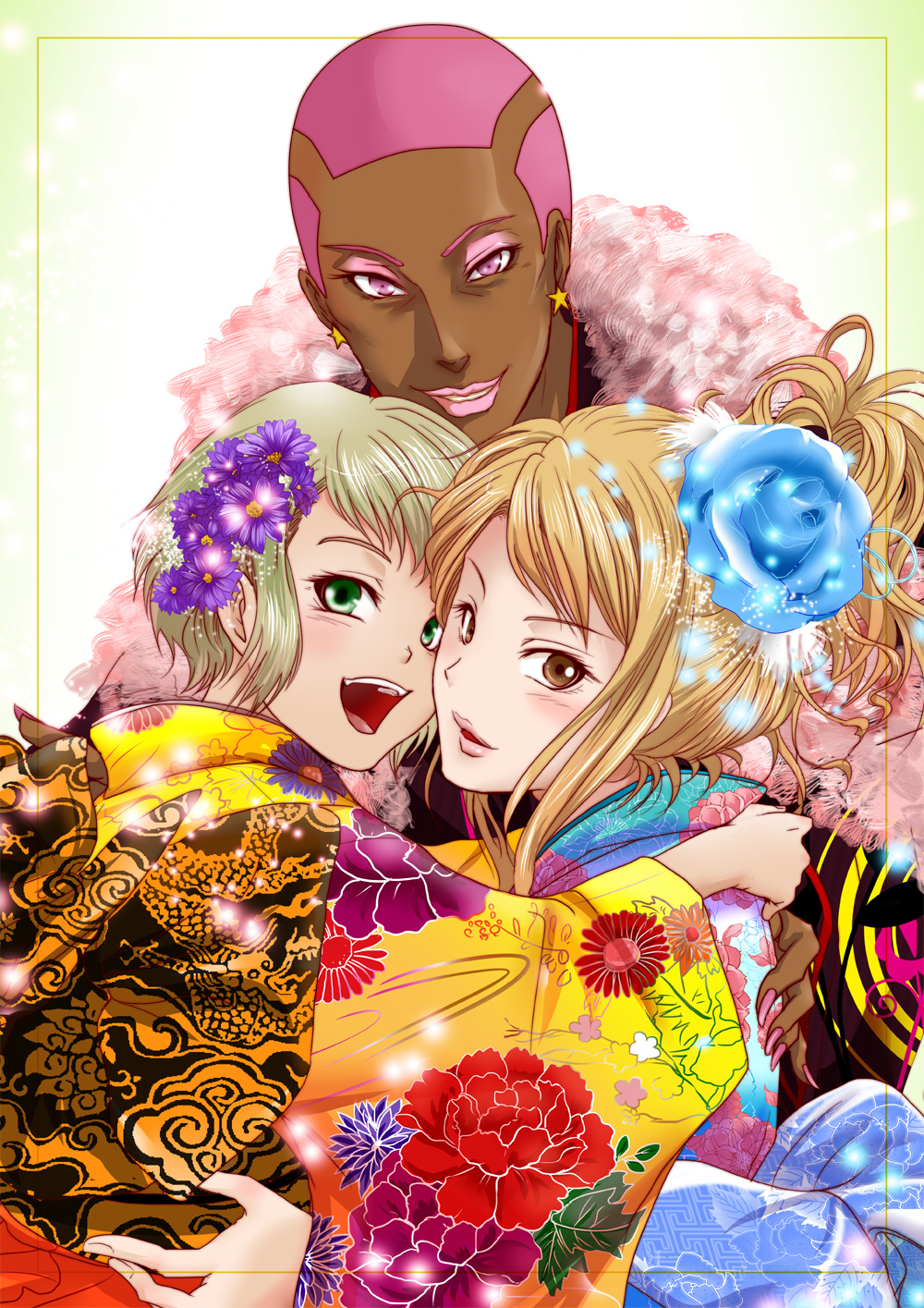 2girls 3girls blonde_hair blue_rose brown_eyes dark_skin earrings flower green_eyes hair_flower hair_ornament hair_up highres huang_baoling japanese_clothes jewelry karina_lyle kimono lips multiple_girls nathan_seymour new_year pink_eyes pink_hair rduuroorn rose short_hair star star_earrings tiger_&amp;_bunny