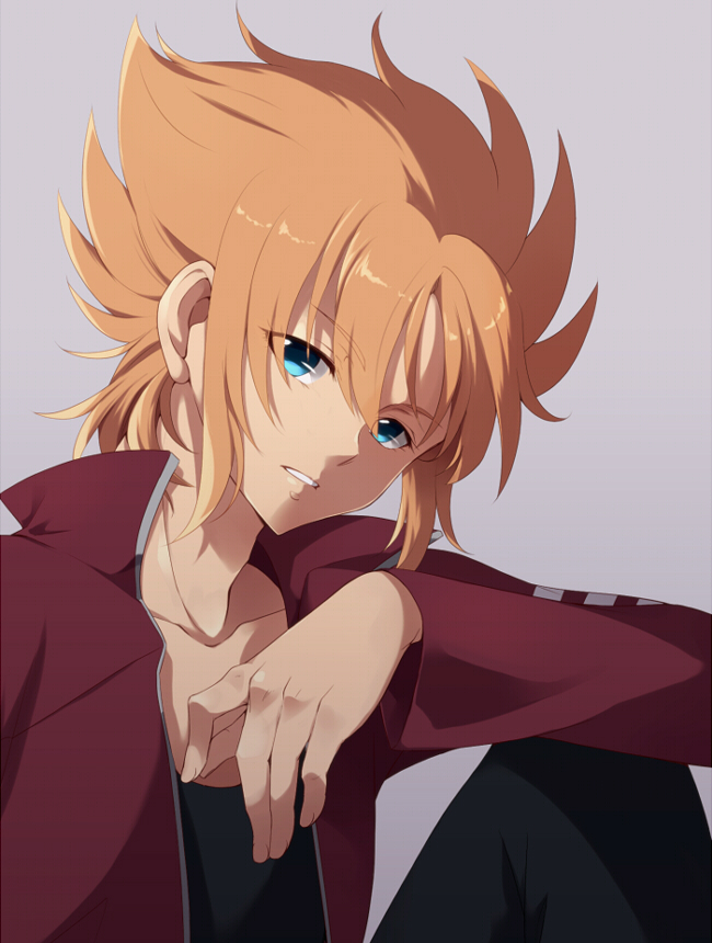 blue_eyes libra_genbu male orange_hair saint_seiya saint_seiya_omega short_hair simple_background solo sun_trial track_jacket