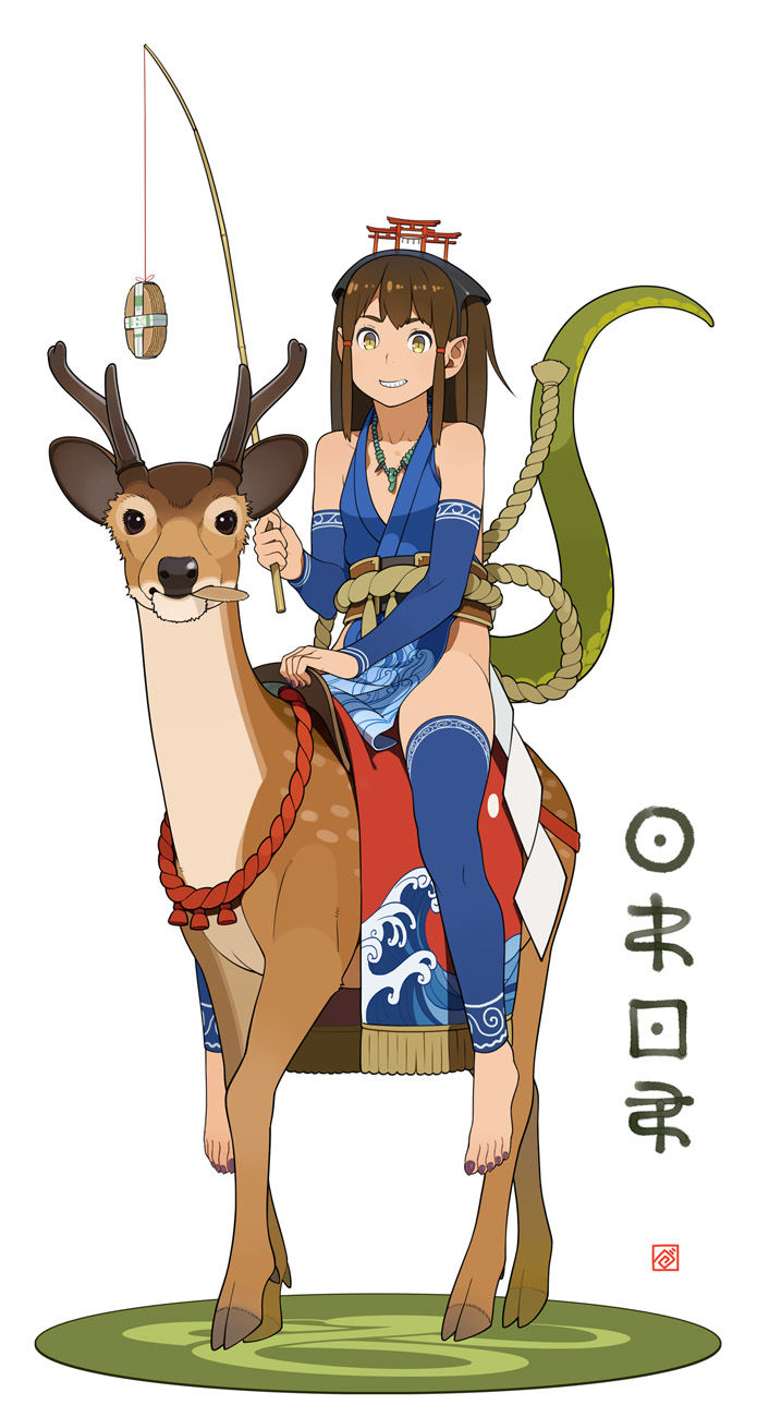 ainu_clothes animal arm_warmers barefoot brown_hair deer fishing_rod food go_robots grin highres horns japanese_clothes jewelry leg_warmers loincloth looking_at_viewer magatama nail_polish necklace new_year object_on_head on_head original riding rope saddle senbei sitting_on_animal sleeveless smile snake_tail straddle tail toeless_legwear torii traditional_clothes wagashi yellow_eyes