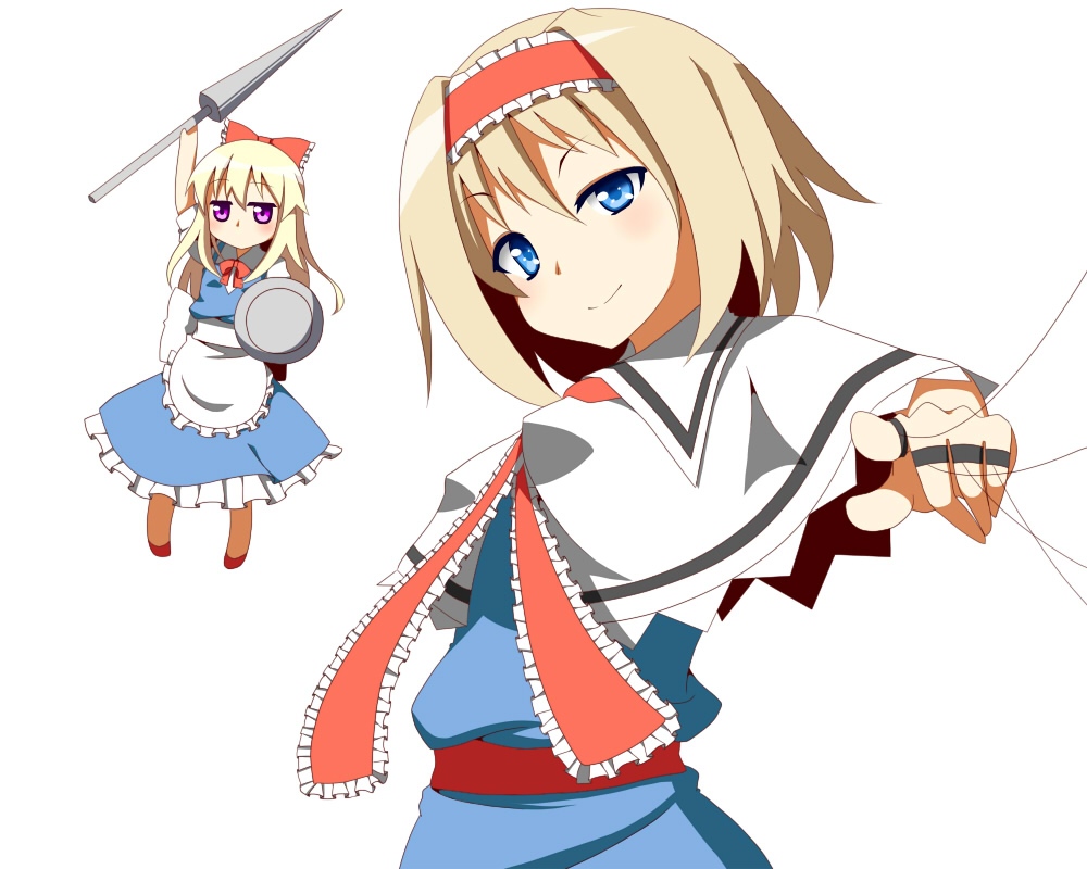 alice_margatroid apron blonde_hair blue_eyes bow capelet doll dress hair_bow hairband jewelry lance long_hair polearm puppet_strings purple_eyes ring shanghai shanghai_doll shield short_hair simple_background smile solo toho-77 touhou violet_eyes waist_apron weapon