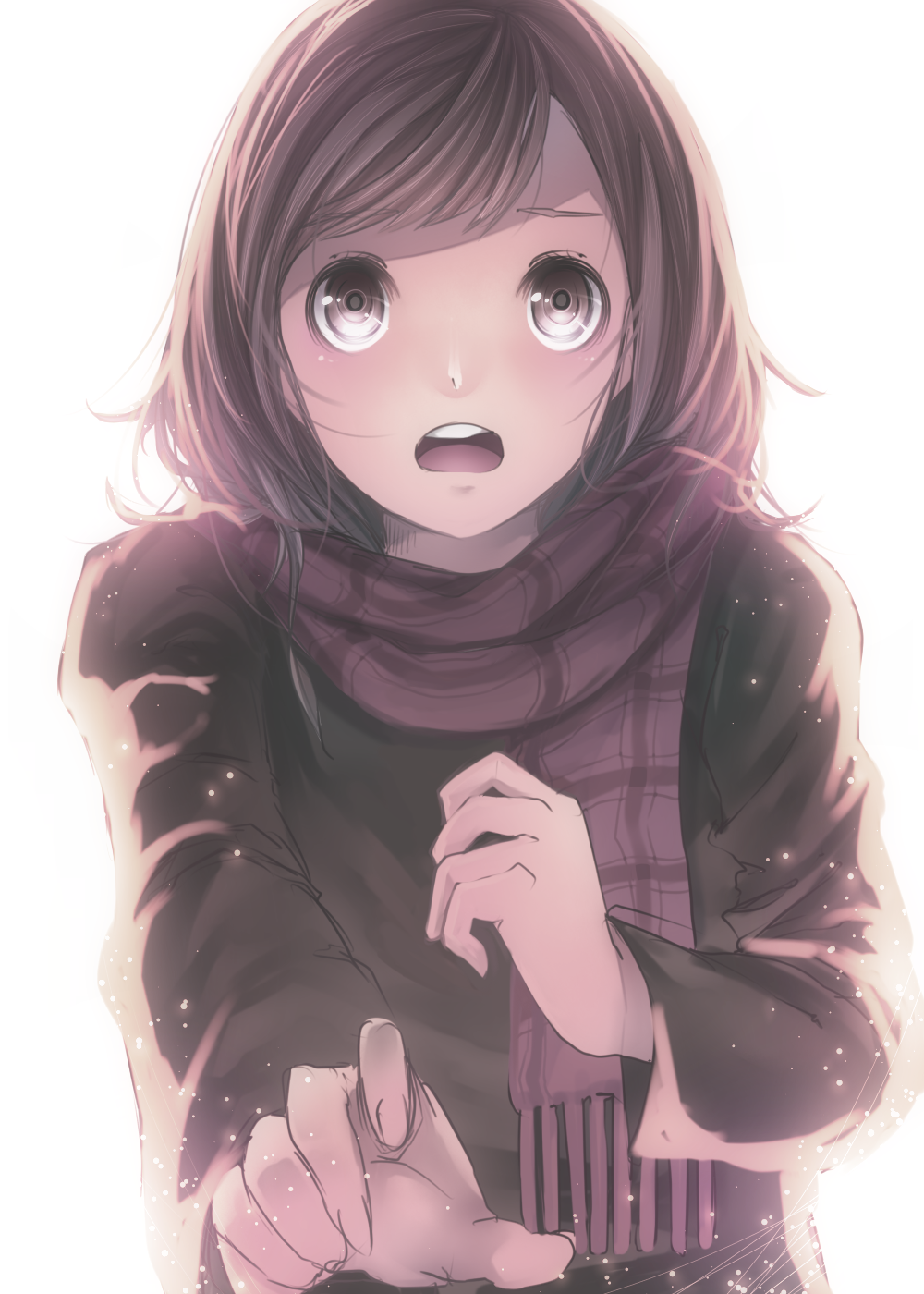 blush brown_eyes brown_hair hakura_kusa highres looking_at_viewer open_mouth original outstretched_arm plaid plaid_scarf scarf short_hair solo