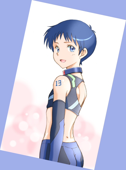 adapted_costume ass blue_eyes blue_hair collar ebi-rom elbow_gloves from_behind gloves ikari_shinji looking_back male midriff neon_genesis_evangelion open_mouth race_queen racequeen short_hair solo standing