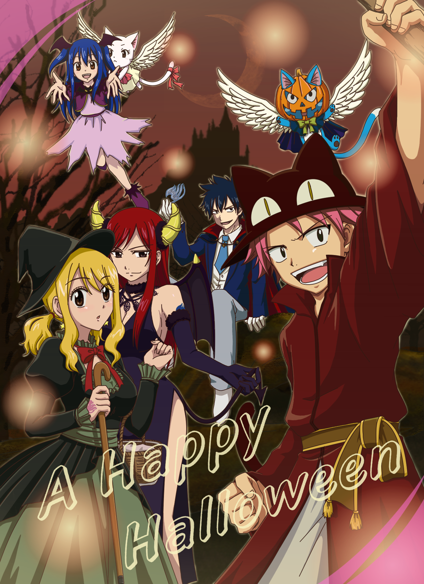 blue_hair bluesnowcat cane charle_(fairy_tail) crescent_moon demon_tail demon_wings dress elbow_gloves erza_scarlet fairy_tail gloves gray_fullbuster halloween happy_(fairy_tail) hat head_wings horns jack-o'-lantern jack-o'-lantern long_hair lucy_heartfilia moon natsu_dragneel pink_hair red_hair redhead side_slit tail wendy_marvell wings witch witch_hat