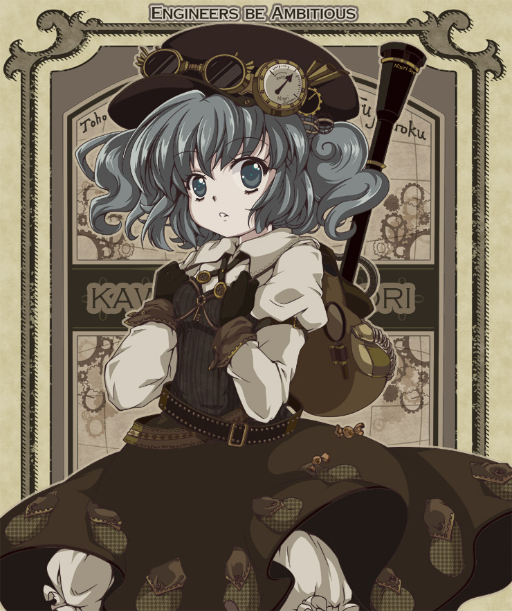 adapted_costume backpack bag belt black_gloves bloomers blue_eyes blue_hair english gloves hat iris_anemone kawashiro_nitori pocket_watch short_hair solo steampunk telescope touhou twintails watch