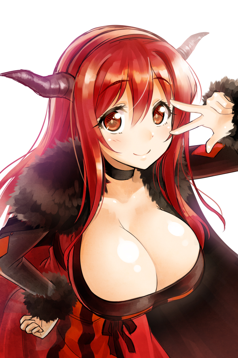 blush breasts choker cleavage demon_girl dress hand_on_hip highres horns huge_breasts long_hair looking_at_viewer maou_(maoyuu) maoyuu_maou_yuusha okitakung red_eyes red_hair redhead simple_background smile solo v v_over_eye white_background