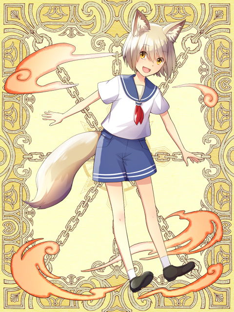 1other androgynous animal_ear_fluff animal_ears bangs blonde_hair blue_shorts chain closed_eyes commentary_request eyebrows_visible_through_hair fox_ears fox_tail full_body kerberos_blade natsuya_(kuttuki) neckerchief open_mouth red_neckerchief school_uniform serafuku shirt short_hair shorts smile smoke solo tail white_shirt yellow_background yellow_eyes