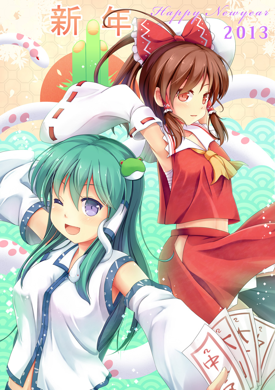 armpits arms_up ascot blue_eyes bow brown_hair detached_sleeves frog_hair_ornament green_hair hair_bow hair_ornament hair_tubes hakurei_reimu happy_new_year highres kochiya_sanae long_hair long_sleeves looking_at_viewer midriff multiple_girls niiya open_mouth outstretched_arms ponytail red_eyes sarashi shirt skirt smile snake_hair_ornament spell_card touhou wide_sleeves wink