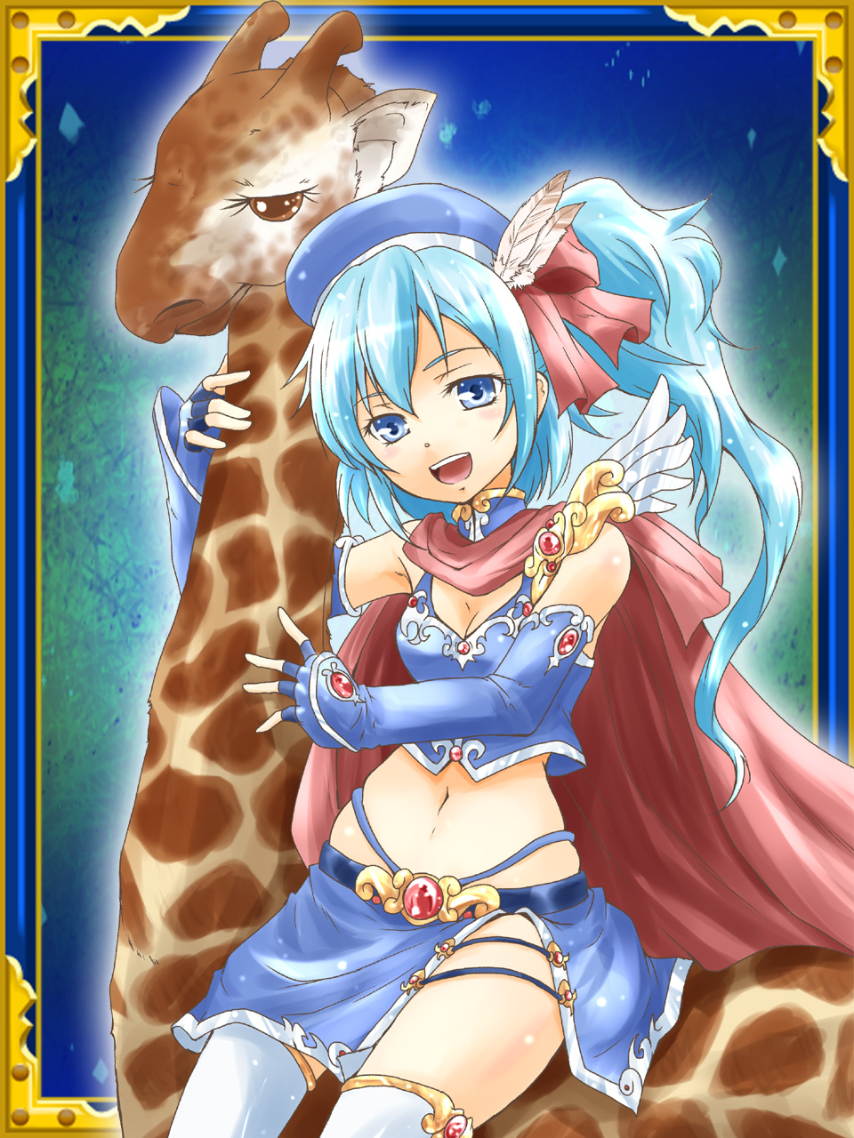 bare_shoulders blue_eyes blue_hair breasts cleavage elbow_gloves feathers fingerless_gloves giraffe gloves hat highres midriff navel open_mouth original ponytail shiny shiny_skin skindentation skirt smile thigh-highs thighhighs urutsu_sahari wings
