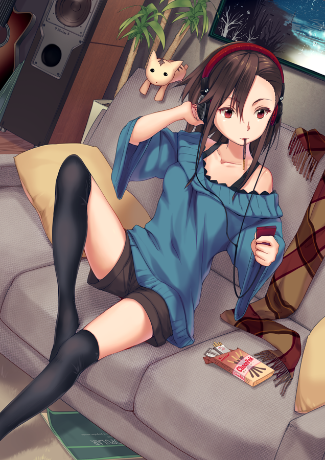 bare_shoulders black_legwear blush brown_hair chair collarbone digital_media_player food hand_on_headphones headphones indoors juu. long_hair mouth_hold original plant pocky red_eyes scarf shoes shorts sitting smile sneakers solo stereo sweater tank_top thigh-highs thighhighs