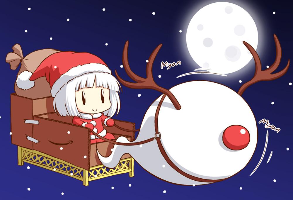 amazon_(company) antlers cardboard chibi hat hitodama konpaku_youmu konpaku_youmu_(ghost) mazume moon myon_(phrase) sack santa_costume santa_hat short_hair silver_hair sleigh smile snow snowing solo touhou |_|