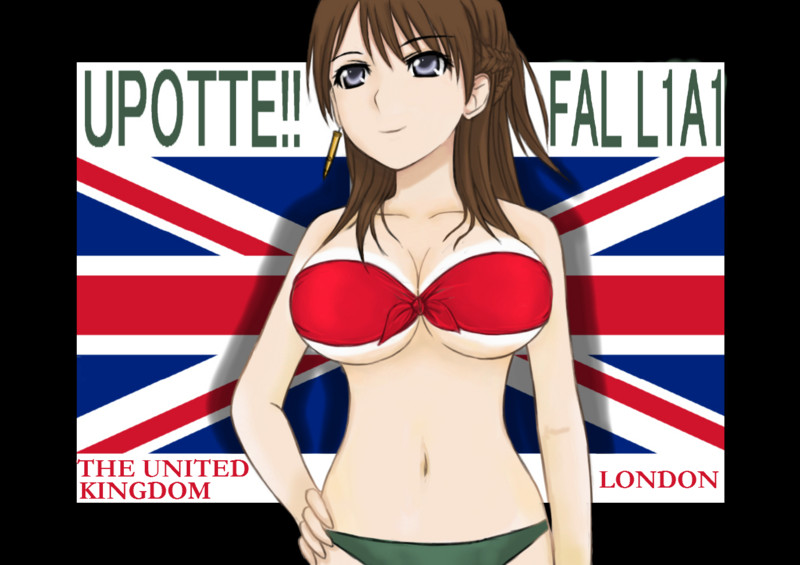 bare_shoulders bikini breasts brown_hair cartridge character_name cleavage fal_(upotte!!) flag inmist large_breasts long_hair purple_eyes solo swimsuit title_drop union_jack upotte!! violet_eyes