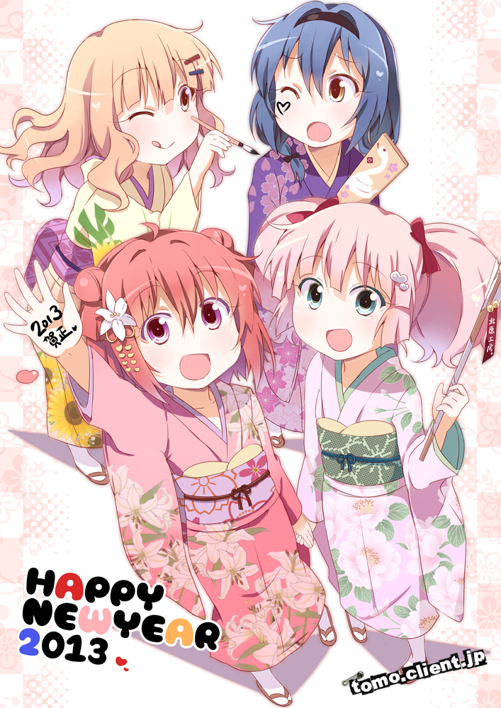 4girls :d :q ;p ahoge akaza_akari arrow blonde_hair blue_eyes blue_hair brown_eyes brush calligraphy_brush cherry_blossoms double_bun facepaint floral_print flower from_above furisode furutani_himawari hagoita hair_bun hair_flower hair_intakes hair_ornament hairband hairclip hamaya hanetsuki happy_new_year heart ink japanese_clothes kimono kitahara_tomoe_(kitahara_koubou) lily_(flower) looking_at_viewer multiple_girls new_year obi oomuro_sakurako open_mouth paddle paintbrush peony_(flower) pink_hair purple_eyes red_hair redhead sandals smile snake sunflower tabi tongue twintails violet_eyes watermark web_address white_legwear white_snake wink yoshikawa_chinatsu yukata yuru_yuri zouri