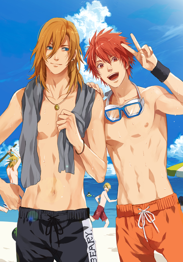 beach blindfold blonde_hair blue_eyes goggles hijirikawa_masato ichinose_tokiya ittoki_otoya jinguuji_ren kurusu_shou male multiple_boys red_eyes red_hair redhead shinomiya_natsuki shirtless smile sumishuu swim_trunks swimsuit uta_no_prince-sama