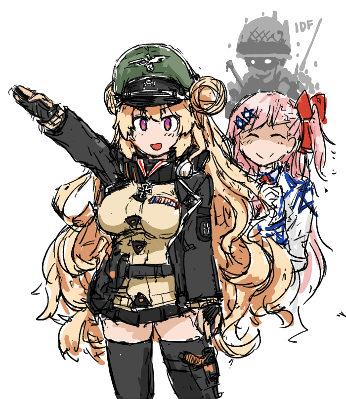 1boy 2girls ^_^ blonde_hair breasts closed_eyes commentary dutchko girls_frontline gloves hk23_(girls_frontline) holster iron_cross israel_defense_forces large_breasts long_hair multiple_girls negev_(girls_frontline) pink_hair salute shaded_face skirt smile straight-arm_salute thigh-highs thigh_holster violet_eyes