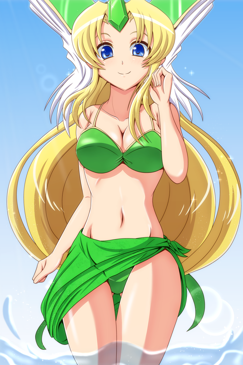 aokura_shou bikini blonde_hair blue_eyes blush helmet highres long_hair navel riesz sarong seiken_densetsu seiken_densetsu_3 smile solo sparkle swimsuit very_long_hair water winged_helmet