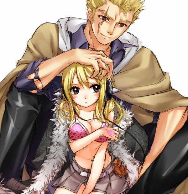 1boy 1girl blonde_hair blush breasts brown_eyes cleavage coat couple covering covering_breasts fairy_tail fur_trim hand_on_head headphones large_breasts laxus_dreyar lucy_heartfilia scar skirt strib_und_werde torn_clothes