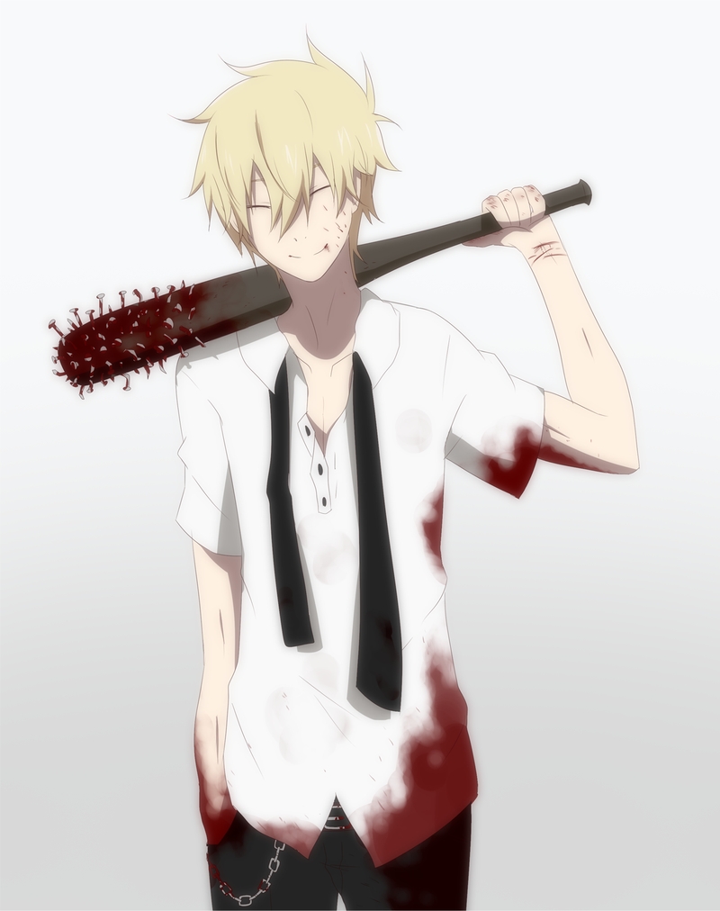 1boy ^_^ artist_request blonde_hair blood blood_on_clothes blood_on_face chain character_request closed_eyes club dress_shirt gray_background hand_in_pocket male nails necktie pants school_uniform short_hair short_sleeves smile solo source_request tie_undone weapon yandere
