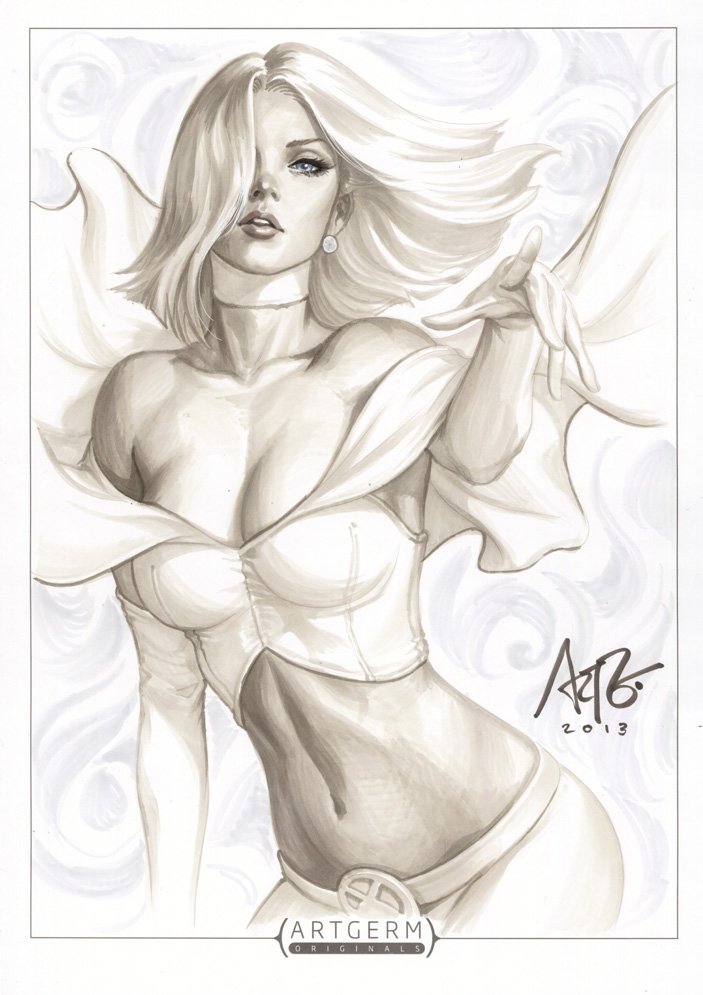 1girl 2013 bare_shoulders blue_eyes breasts cape choker cleavage collarbone earrings elbow_gloves emma_frost gloves jewelry marker_(medium) marvel midriff navel signature solo stanley_lau traditional_media x-men