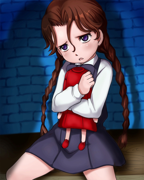 1girl anita_(vampire) braid brown_hair character_request child doll dress e10 long_hair open_mouth parted_lips purple_eyes shadow sitting solo twin_braids vampire_(game) violet_eyes