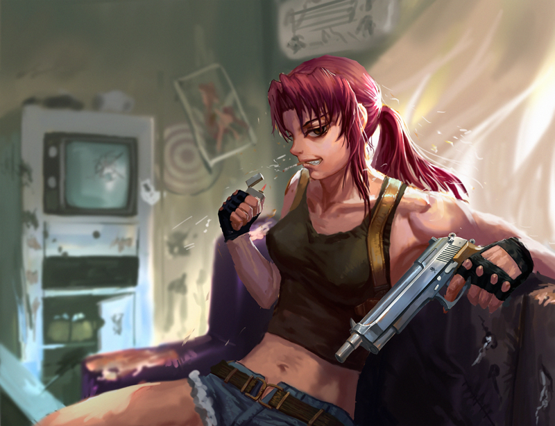 armpit_holster belt beretta_92 black_lagoon breasts cigarette couch cutoffs denim denim_shorts fingerless_gloves gloves grin gun handgun holster lighter lighting_cigarette long_hair midriff navel pistol red_hair redhead revy shorts sitting smile solo tank_top tattoo toned unbuttoned weapon