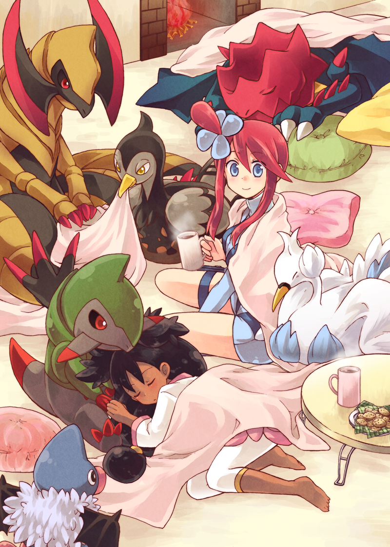 barefoot bird black_hair blanket blue_eyes blush claws closed_eyes cookie creature cup dark_skin dragon druddigon fireplace food fraxure fuuro_(pokemon) haxorus horn horns iris_(pokemon) kousetsu long_hair lying mug multiple_girls on_side pillow pokemon pokemon_(game) pokemon_bw red_eyes red_hair redhead sleeping smile spikes steam swanna two_side_up unfezant woobat yellow_eyes