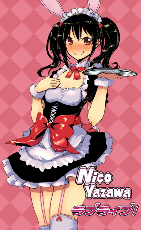 1girl :p animal_ears apron argyle argyle_background black_hair blush bunny_eares bunny_ears garter_straps looking_at_viewer love_live!_school_idol_project maid maid_headdress piaisai pink_background red_eyes short_hair skirt smile solo thigh-highs thighhighs tongue tongue_out tray twintails white_legwear yazawa_nico