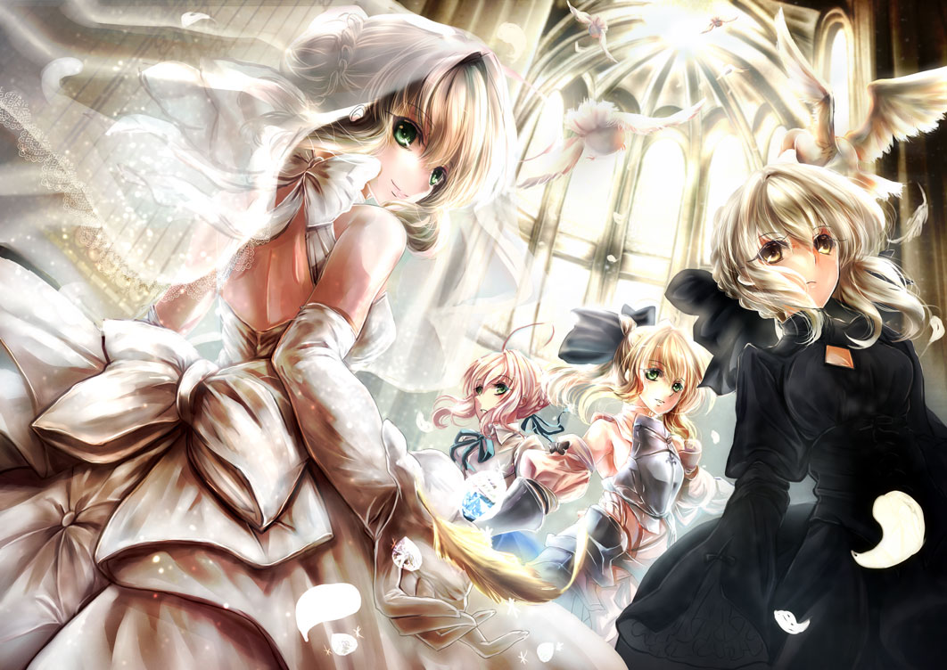 4girls ahoge armor armored_dress bare_shoulders bird blonde_hair blush bow bridal_veil bride casual church cleavage_cutout detached_sleeves dove dress elbow_gloves fate/stay_night fate/unlimited_codes fate_(series) feathers female frills gloves gothic_lolita green_eyes hair_bow hair_ribbon lolita_fashion long_hair looking_back multiple_girls multiple_persona outstretched_hand petals ponytail ribbon saber saber_alter saber_lily smile veil wedding_dress yellow_eyes yuki_hikari