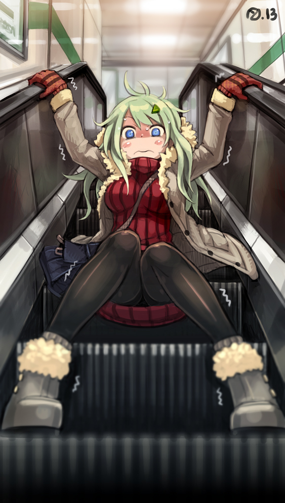 1girl 3: bag bail black_legwear blue_eyes blurry blush boots breasts coat commentary depth_of_field escalator fallen_down gloves green_hair hair_ornament hairclip knees_together_feet_apart large_breasts long_hair open_clothes open_coat original panties pantyhose ribbed_sweater sitting strap_cleavage sweater sweater_dress trembling underwear winter_clothes