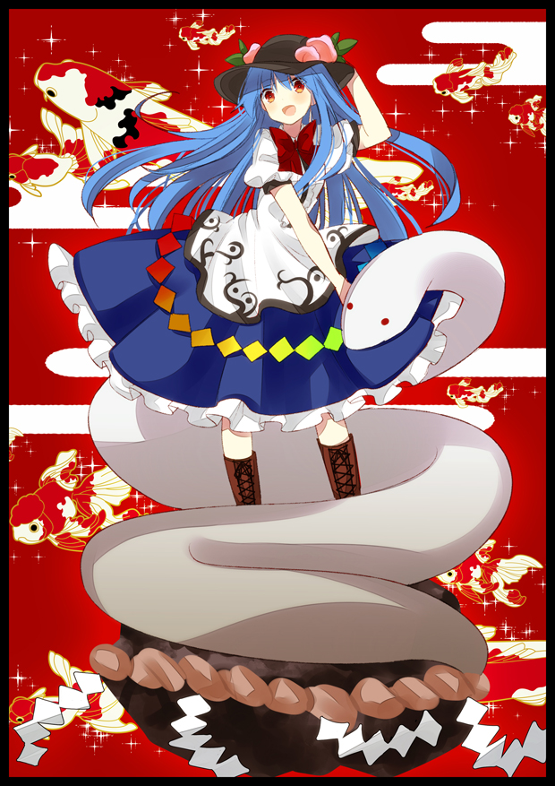 apron blue_hair border egasumi fish food fruit hand_on_hat hat hinanawi_tenshi holding holding_hat izumi_minami koi long_hair long_skirt open_mouth peach red_background red_eyes skirt smile snake solo sparkle touhou white_snake