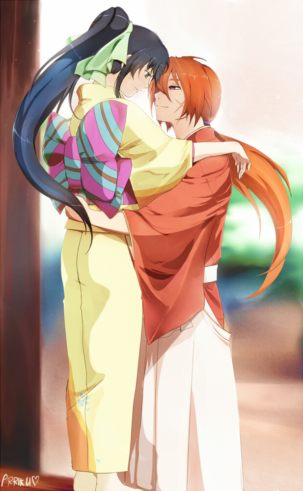 arriku black_hair couple himura_kenshin hug japanese_clothes kamiya_kaoru kimono long_hair ponytail red_hair redhead rurouni_kenshin scar smile