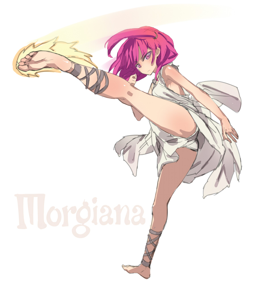 ankle_lace-up bare_legs barefoot blush breasts character_name cross-laced_footwear dress feet fighting_stance kicking magi_the_labyrinth_of_magic morgiana okishi_jien okishiji_en red_eyes red_hair redhead sideboob simple_background soles solo tied_hair toes