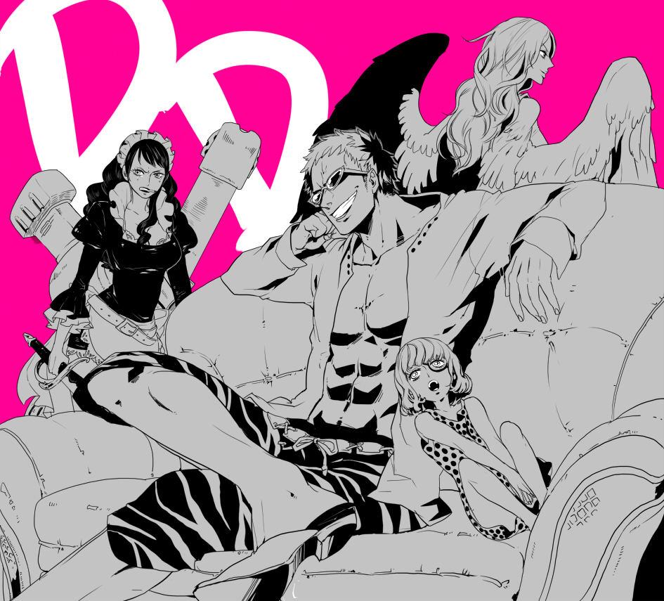 3girls abs apron baby_5 bazooka belt cigarette clenched_teeth couch donquixote_doflamingo dress feathered_wings glasses greyscale grin harpy long_hair maid maid_headdress monet_(one_piece) monochrome multiple_girls one_piece open_clothes open_mouth open_shirt polka_dot polka_dot_dress serious shirt shorts sitting smile sunglasses sword waist_apron weapon wings xla009