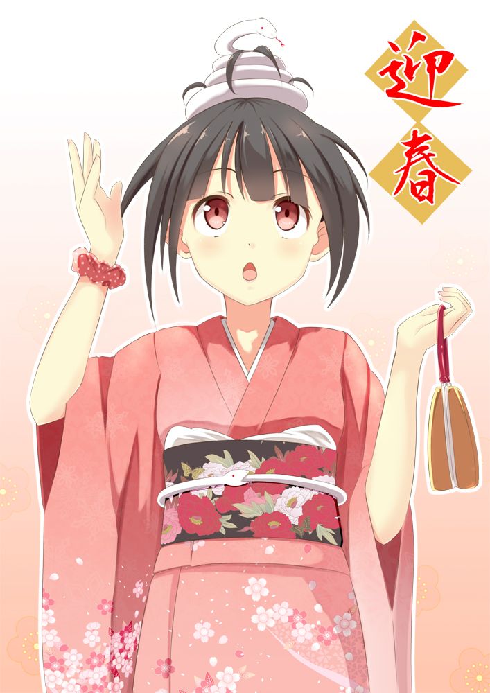 1girl 2013 bag black_hair floral_print japanese_clothes kimono looking_up momo_no_kanzume new_year on_head open_mouth original red_eyes short_hair snake solo twintails
