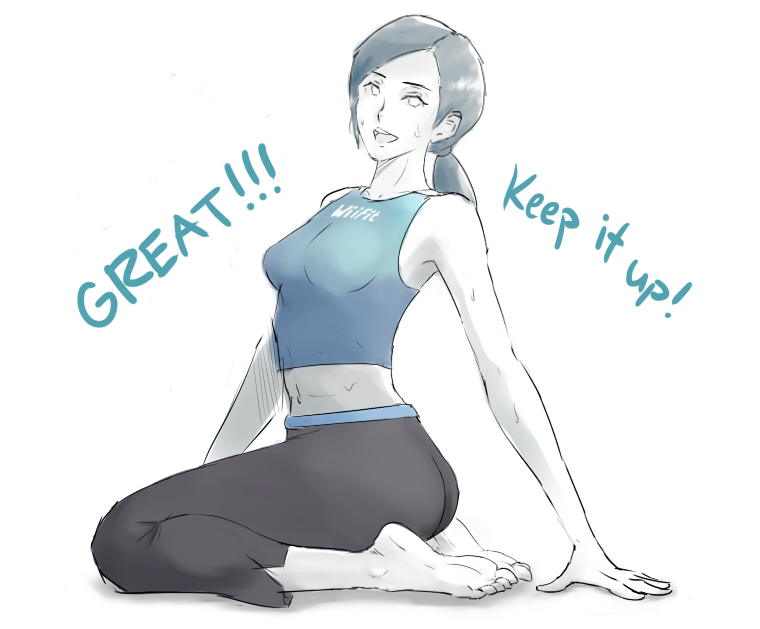 1girl artist_request barefoot breasts capri_pants english exercise grey_hair kneeling long_hair midriff navel ponytail smile solo super_smash_bros. sweat tank_top trainer_(wii_fit) white_skin wii_fit