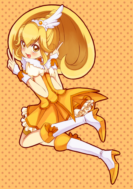 1girl back bike_shorts blonde_hair boots choker cure_peace double_v dress kise_yayoi long_hair magical_girl open_mouth ponytail precure shorts_under_skirt sikuhima skirt smile smile_precure! solo tiara v wrist_cuffs yellow_dress yellow_eyes