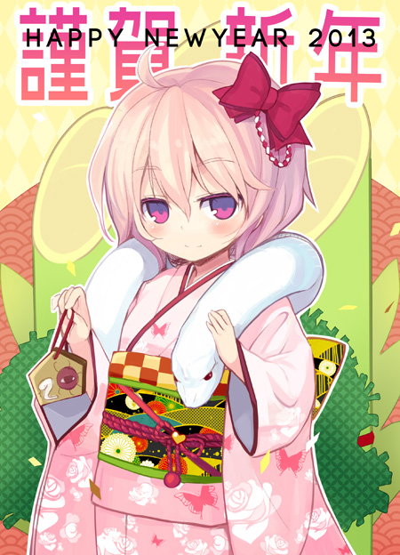 1girl 2013 ahoge alternate_costume bamboo blush bow ema floral_print flower furisode hair_bow happy_new_year japanese_clothes kadomatsu kimono komeiji_satori looking_at_viewer minamura_haruki new_year obi pink_eyes pink_hair rose seigaiha short_hair smile snake solo touhou white_snake yukata