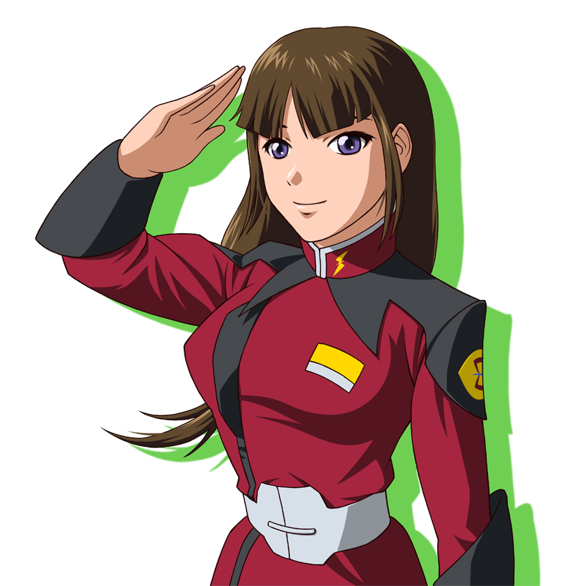 brown_hair gundam gundam_seed long_hair military military_uniform purple_eyes raisakusan salute shiho_hahnenfuss smile solo uniform violet_eyes