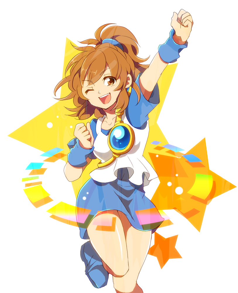 1girl ;d arle_nadja arm_up boots brown_eyes clenched_hand half_updo hitopm open_mouth puyopuyo shirt skirt smile solo standing_on_one_leg star wink wrist_cuffs