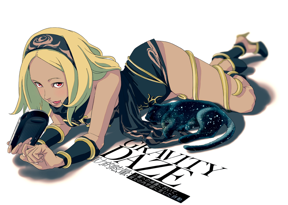 bare_shoulders black_cat blonde_hair cat dark_skin dusty_(gravity_daze) gravity_daze hairband handheld handheld_console high_heels kitten_(gravity_daze) kyashii leg_warmers leotard long_hair on_side playstation_vita red_eyes scarf shoes solo title_drop tongue tongue_out vambraces